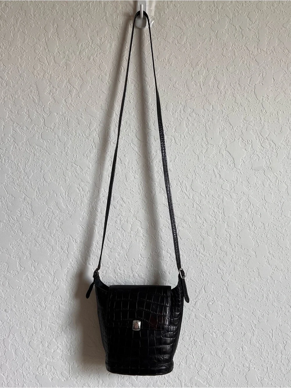 Lauren Ralph Lauren Black Croc-Embossed Leather Shoulder Crossbody Bag